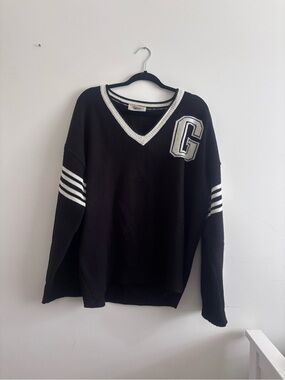 Black V-Neck Varsity Sweater with White Trim